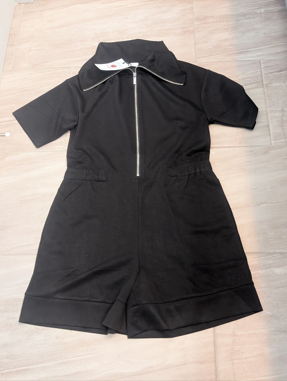 Women’s Black Short-Sleeve Zip Romper